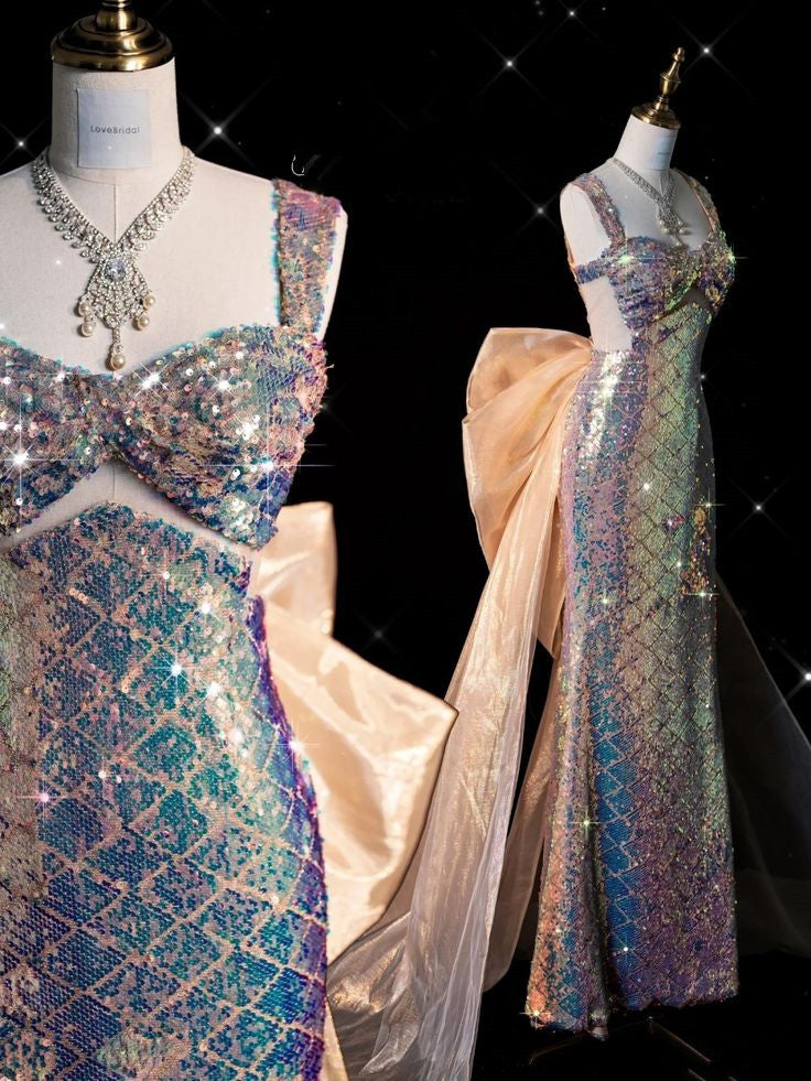 Pretty Mermaid Sweetheart Sequin Long Evening Dress Prom Dresses With Bow