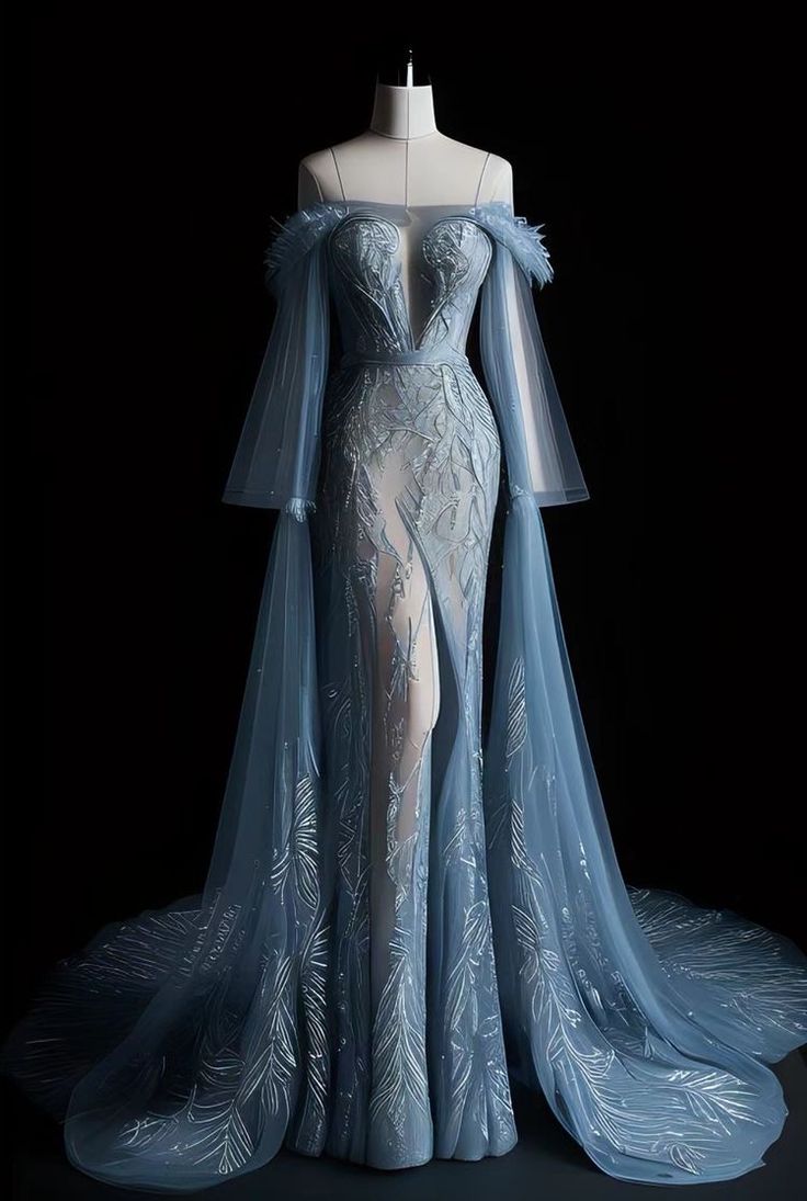 Vintage Mermaid Off The Shoulder Long Sleeves Tulle Blue Evening Dress Prom Dresses With Lace