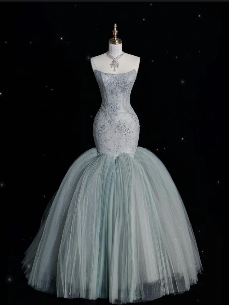 Vintage Mermaid Strapless Tulle Gray Long Evening Dress Prom Dresses With Lace