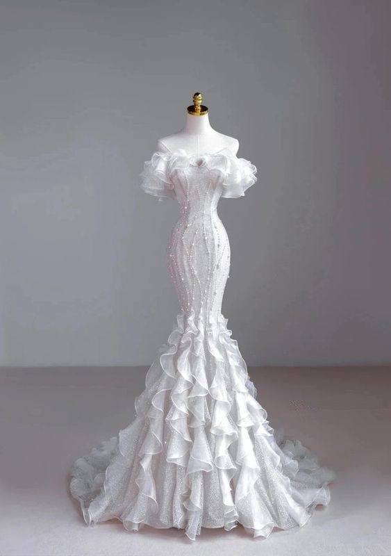 Chic Mermaid Off The Shoulder Ruffles White Long Wedding Dresses With Pearls