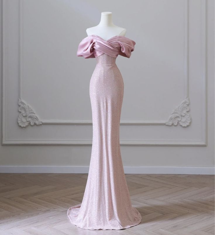 Pretty Mermaid Off The Shoulder Sequin Long Evening Dress Pink Prom Dresses With Ruffles