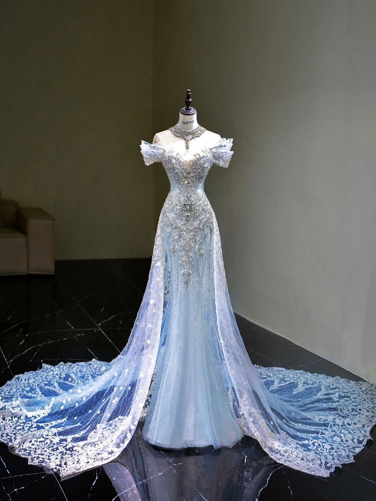 Pretty Mermaid Off The Shoulder Sequin Cap Sleeves Blue Evening Dress Long Prom Dresses With Beads