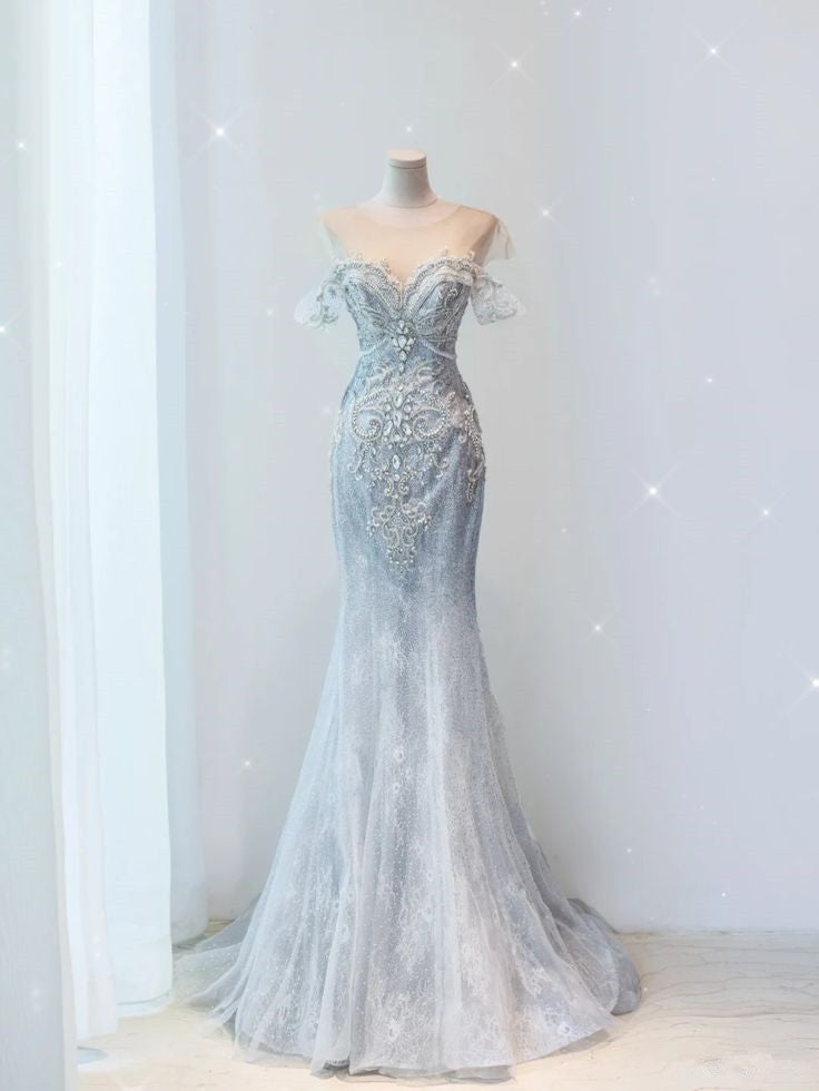 Pretty Mermaid Off The Shoulder Sequin Cap Sleeves Gray Evening Dress Long Prom Dresses With Beads