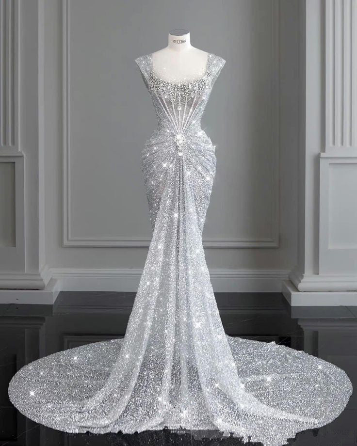 Chic Mermaid Square Neckline Sequin White Long Wedding Dresses With Train