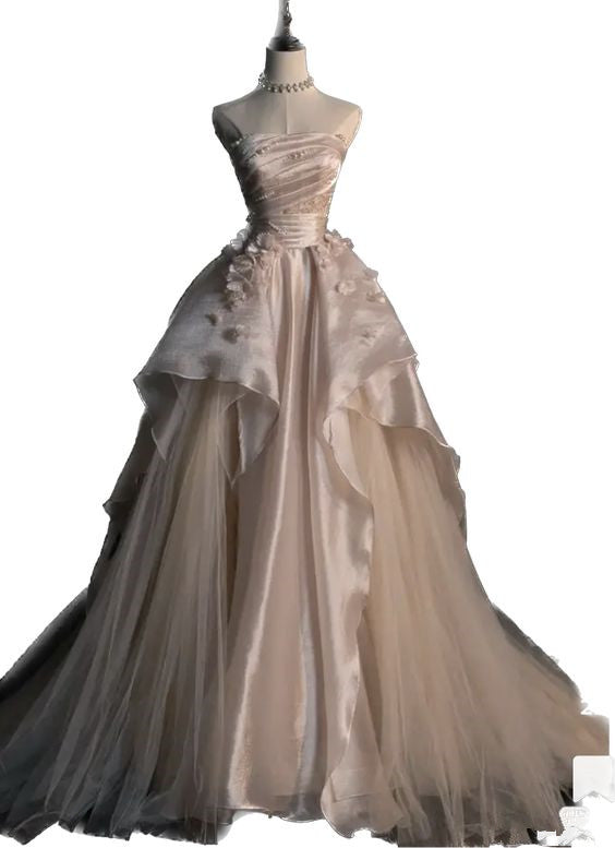 Elegant A-Line Strapless Tulle Long Prom Dress