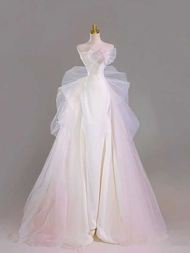 Chic Mermaid Strapless Satin White Long Wedding Dresses With Bow