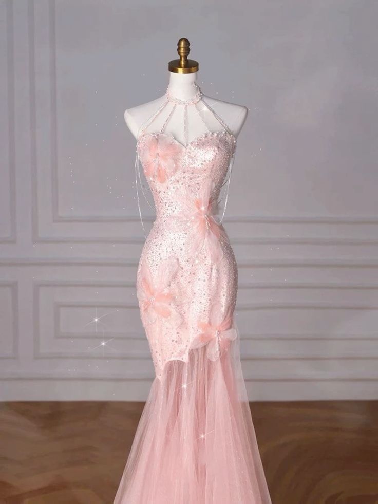 Elegant Mermaid Sweetheart Sequin Pink Sleeveless Long Prom Dresses
