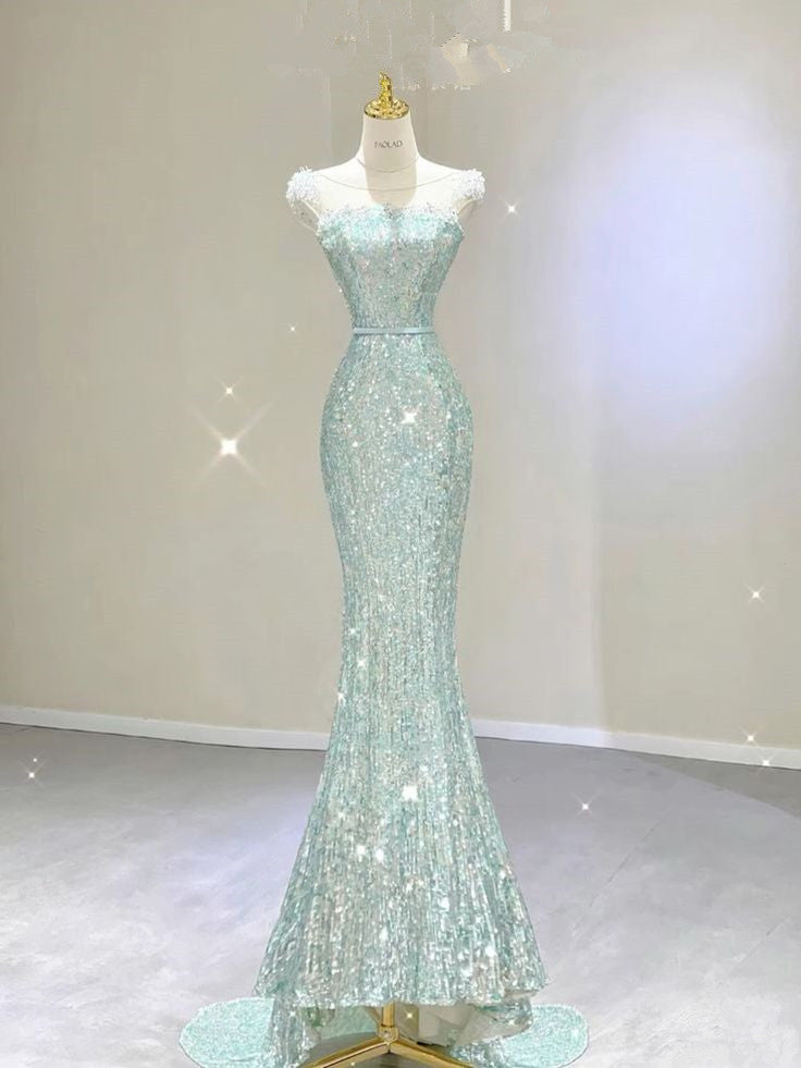 Elegant Mermaid Strapless Sequin Mint Green Sleeveless Long Prom Dresses
