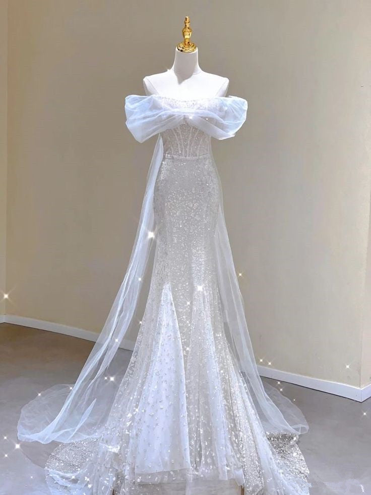 Chic Mermaid Off The Shoulder Sequin Tulle Long Wedding Dresses With Sleeves