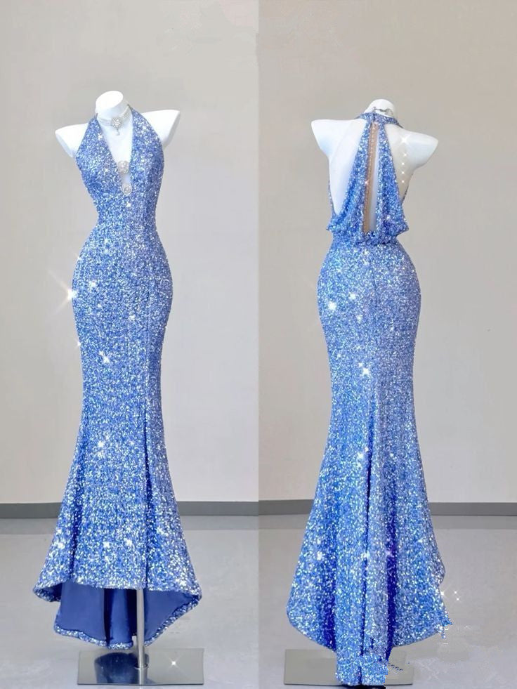 Elegant Mermaid V Neckline Sequin Blue Sleeveless Long Prom Dresses