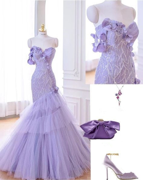 Elegant Mermaid Sweetheart Sequin Lilac Sleeveless Long Prom Dresses Party Dress