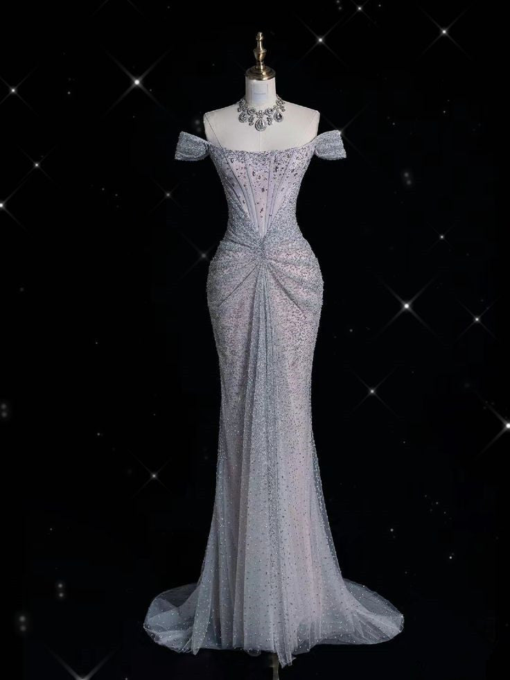 Elegant Mermaid Off The Shoulder Silver Sequin Evening Dress Long Prom Dresses