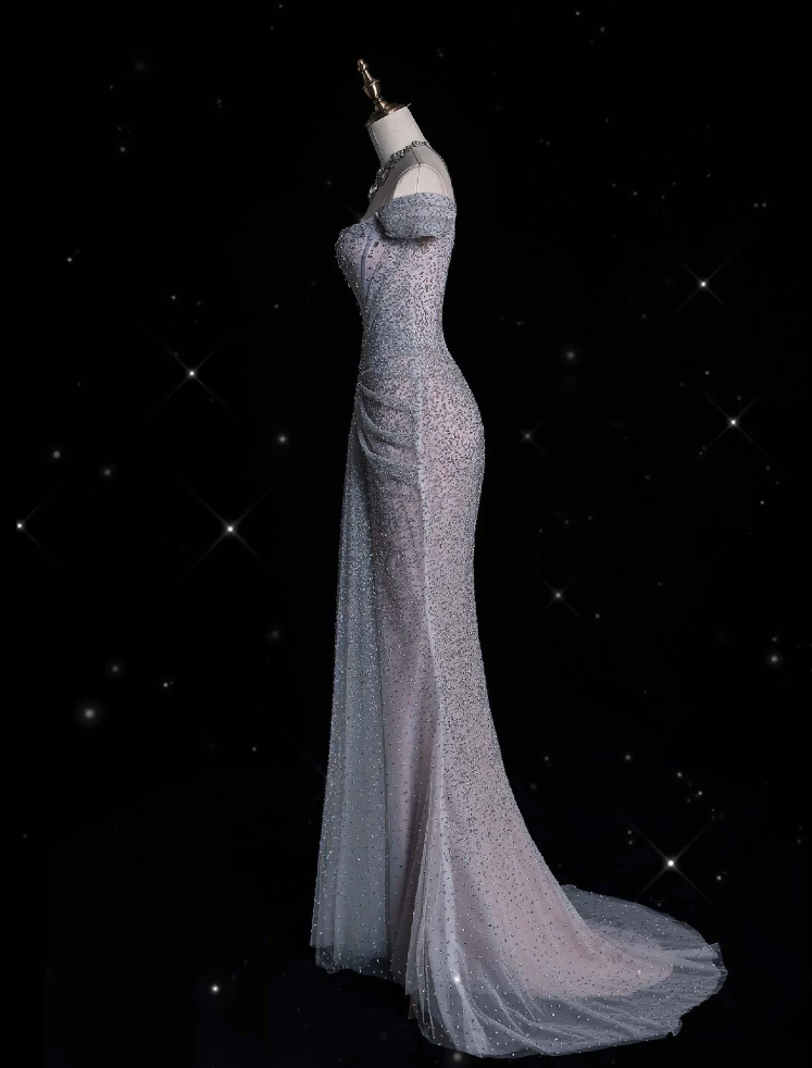 Elegant Mermaid Off The Shoulder Silver Sequin Evening Dress Long Prom Dresses