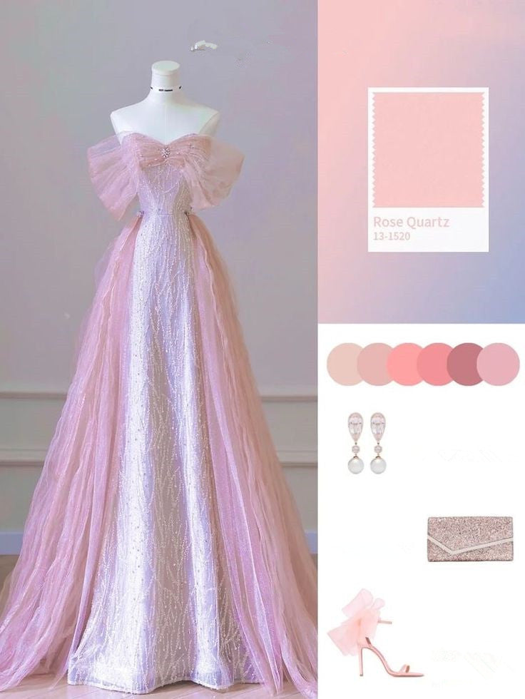 Elegant A line Off The Shoulder Pink Sequin Evening Dress Long Prom Dresses With Sleeves