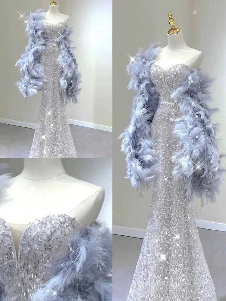 Elegant Mermaid Sweetheart Neckline Silver Sequin Evening Dress Long Prom Dresses