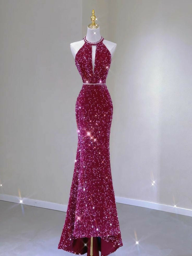 Elegant Mermaid Scoop Neckline Hot Pink Sequin Long Prom Dresses Party Dress With Beads