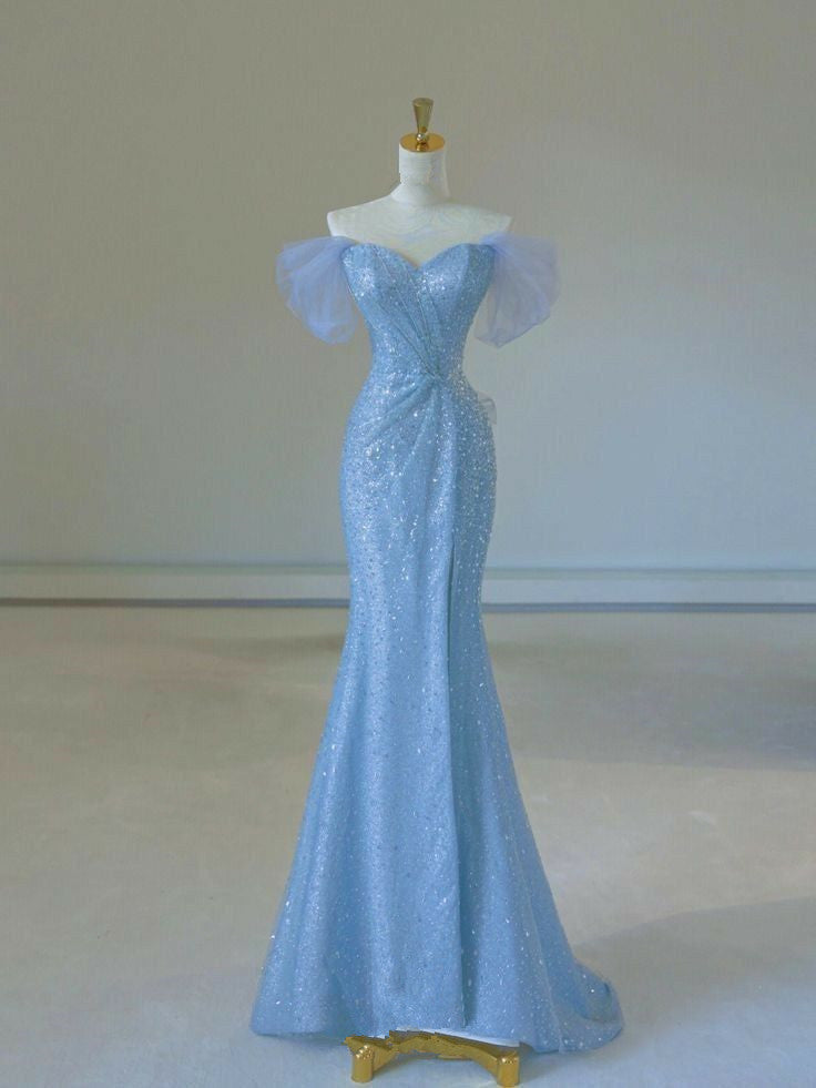 Elegant Mermaid Off The Shoulder Sequin Blue Evening Dress Long Prom Dresses