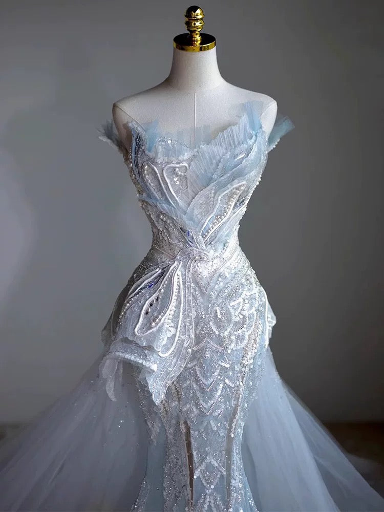 Elegant Mermaid Strapless Sequin Sky Blue Evening Dress Long Prom Dresses