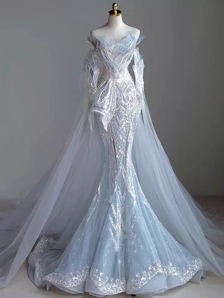Elegant Mermaid Strapless Sequin Sky Blue Evening Dress Long Prom Dresses