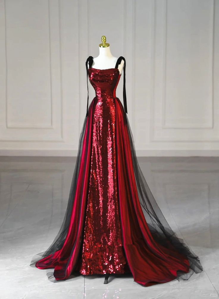 Elegant A Line Straps Burgundy Sequin Long Prom Dresses Party Dresses