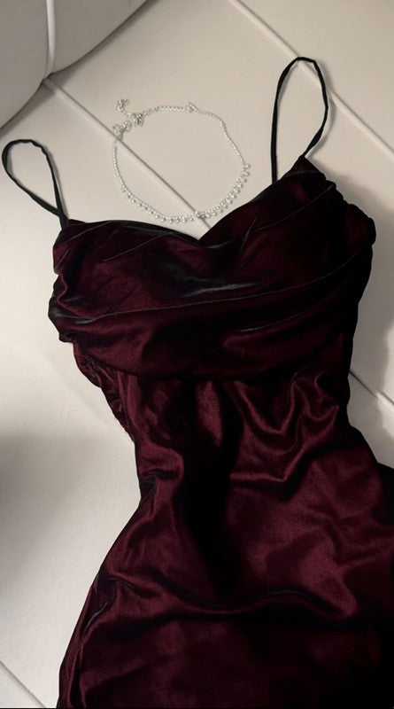 Elegant A Line Straps Burgundy Satin Long Prom Dresses Party Dresses