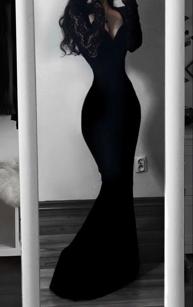Elegant Mermaid Sweetheart Black Lace Long Sleeves Prom Dress Birthday Outfits