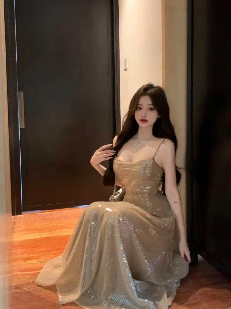 Elegant A line Spaghetti Straps Champagne Long Length Prom Dress Birthday Outfits