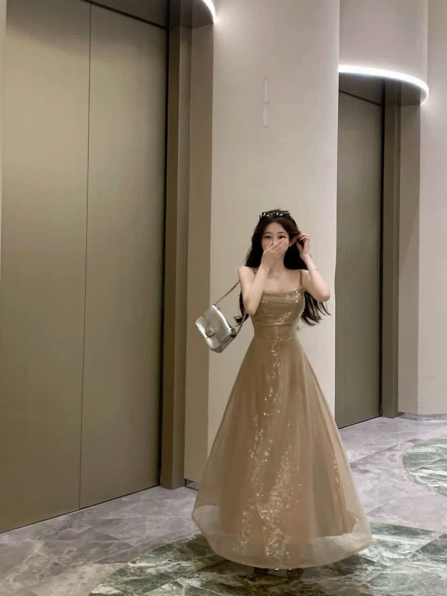 Elegant A line Spaghetti Straps Champagne Long Length Prom Dress Birthday Outfits