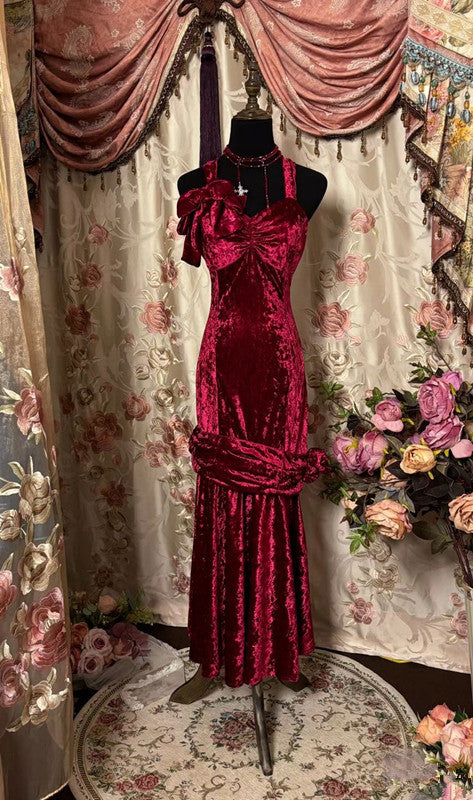 Elegant Mermaid Straps Burgundy Velvet Long Length Prom Dresses Birthday Outfits