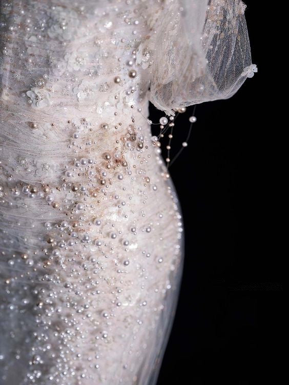 Elegant Mermaid Off The Shoulder Sequin Pearls Long White Wedding Dresses