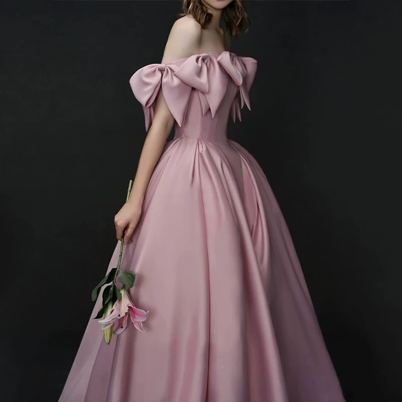 Elegant A line Off The Shoulder Satin Pink Evening Dress Long Prom Dresses