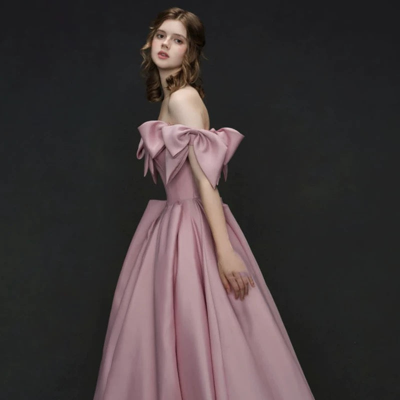 Elegant A line Off The Shoulder Satin Pink Evening Dress Long Prom Dresses