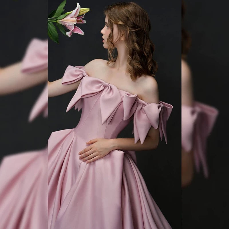 Elegant A line Off The Shoulder Satin Pink Evening Dress Long Prom Dresses