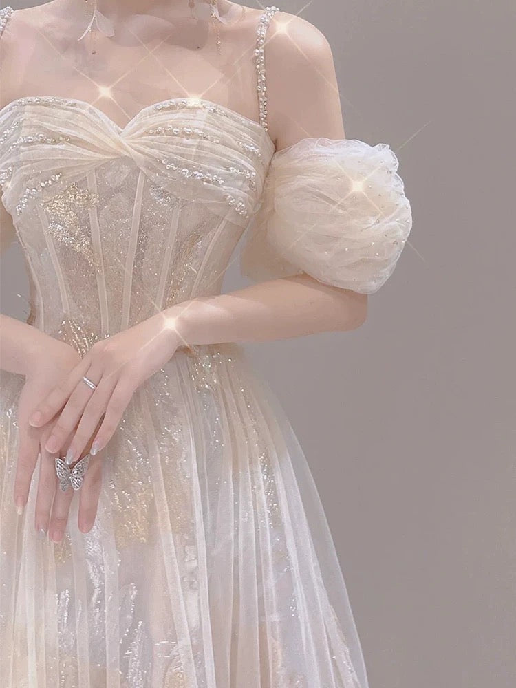 Vintage A line Straps White Tulle Long Wedding Dresses With Beads