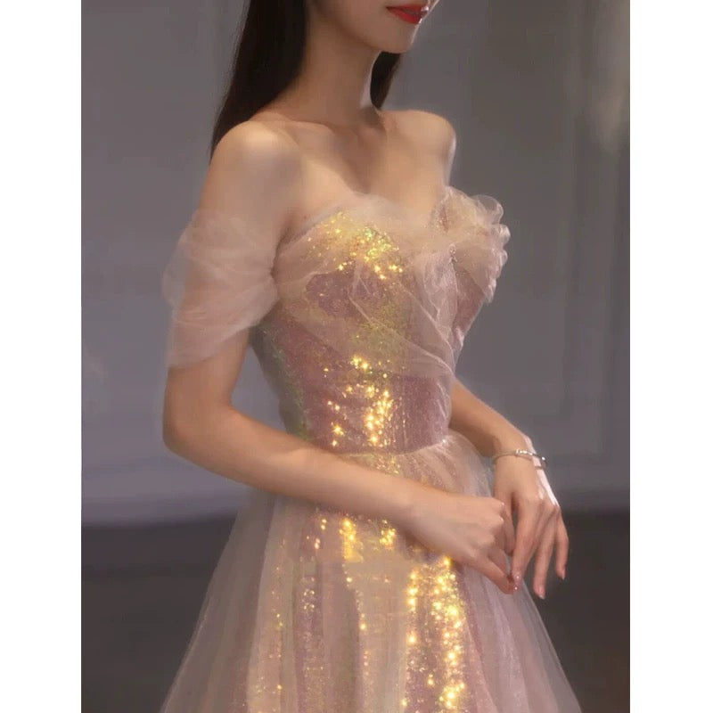 Elegant A line Off The Shoulder Sequin Pink Evening Dress Long Prom Dresses
