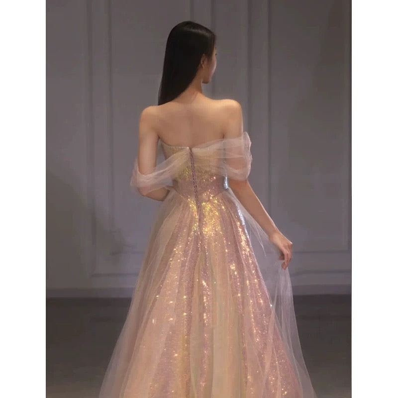 Elegant A line Off The Shoulder Sequin Pink Evening Dress Long Prom Dresses