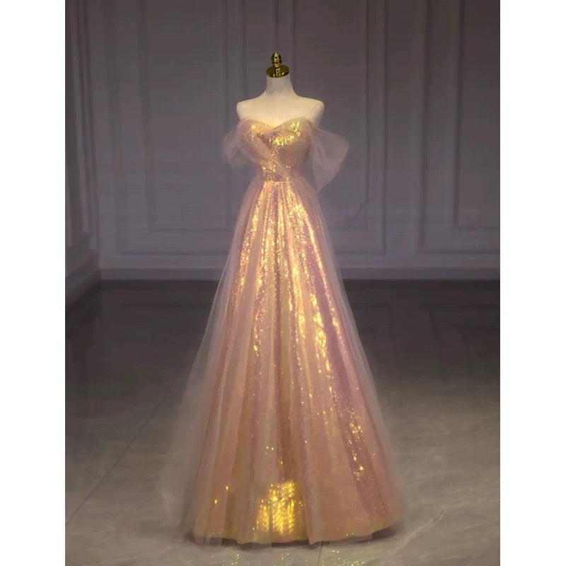 Elegant A line Off The Shoulder Sequin Pink Evening Dress Long Prom Dresses