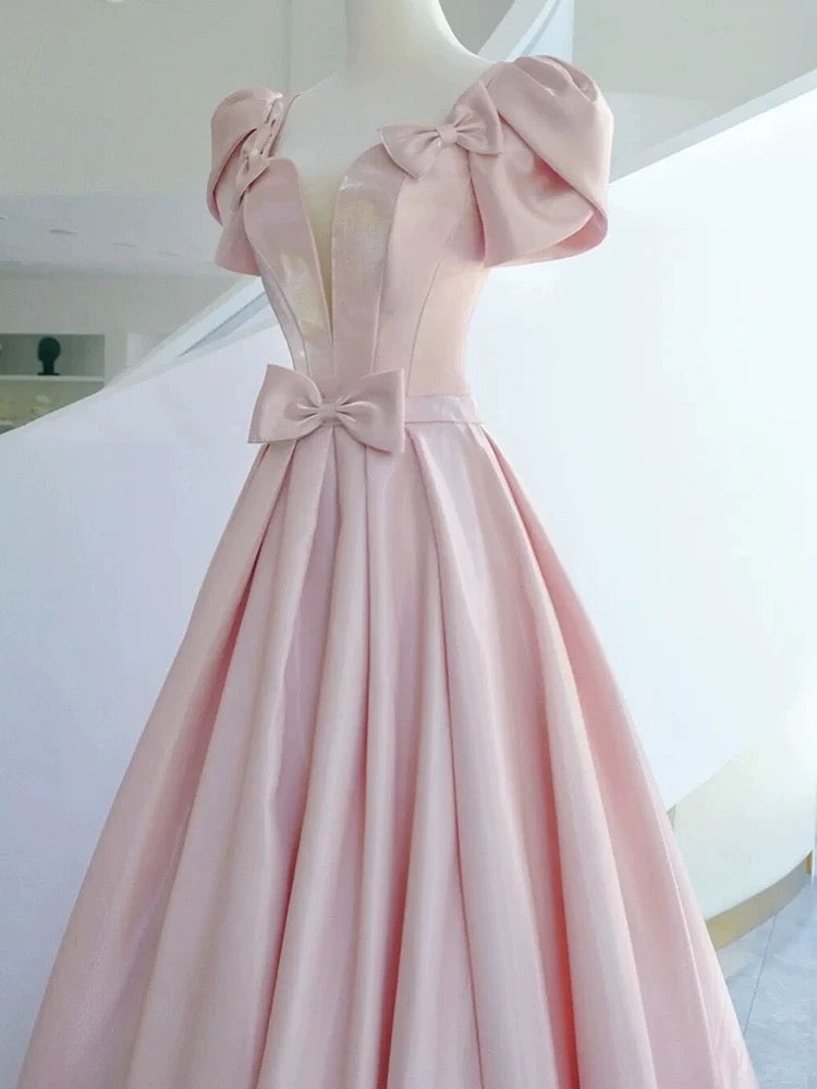 Elegant A line Square Neckline Satin Short Sleeves Pink Evening Dress Long Prom Dresses