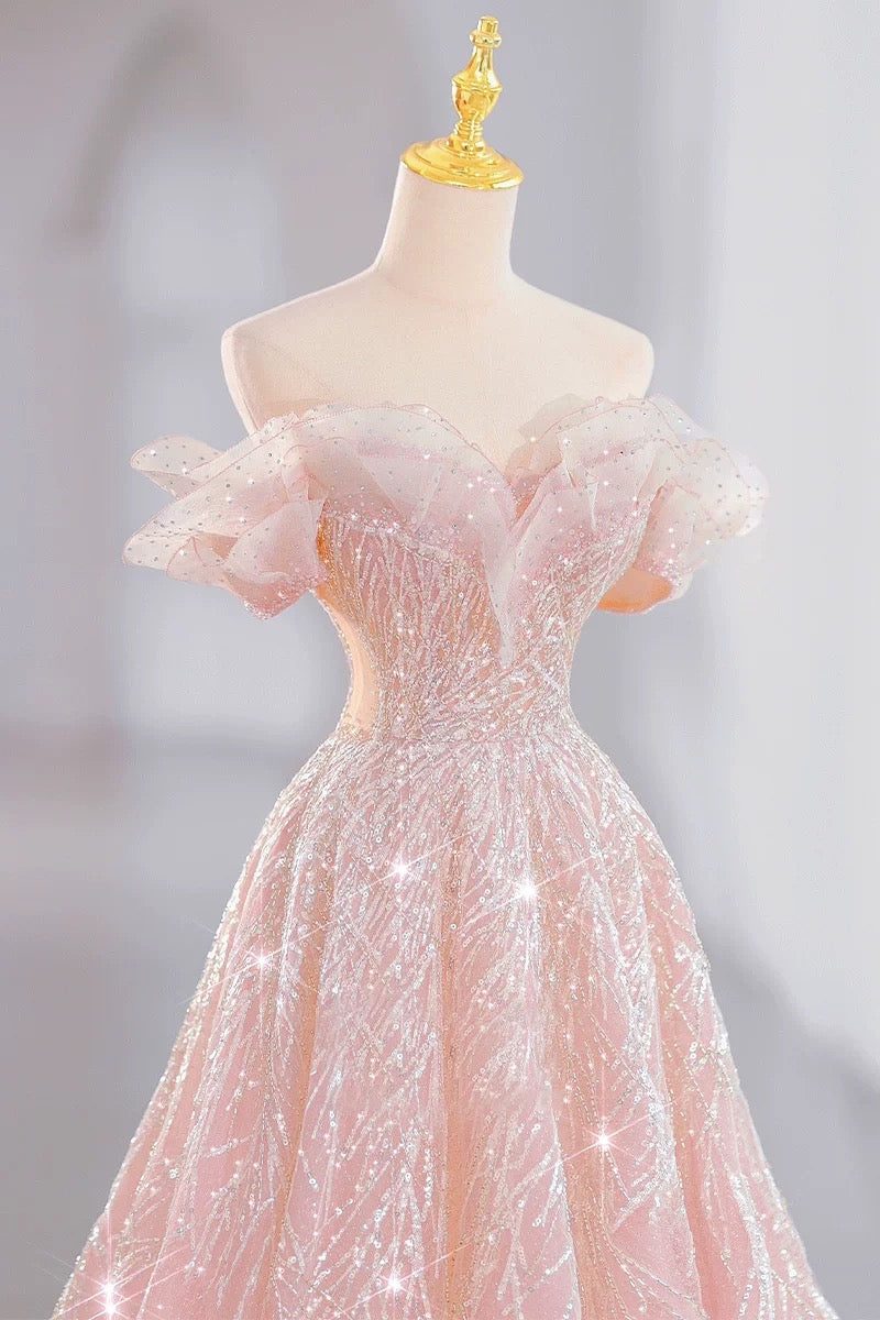 Elegant A line Off The Shoulder Sequin Pink Evening Dress Long Prom Dresses