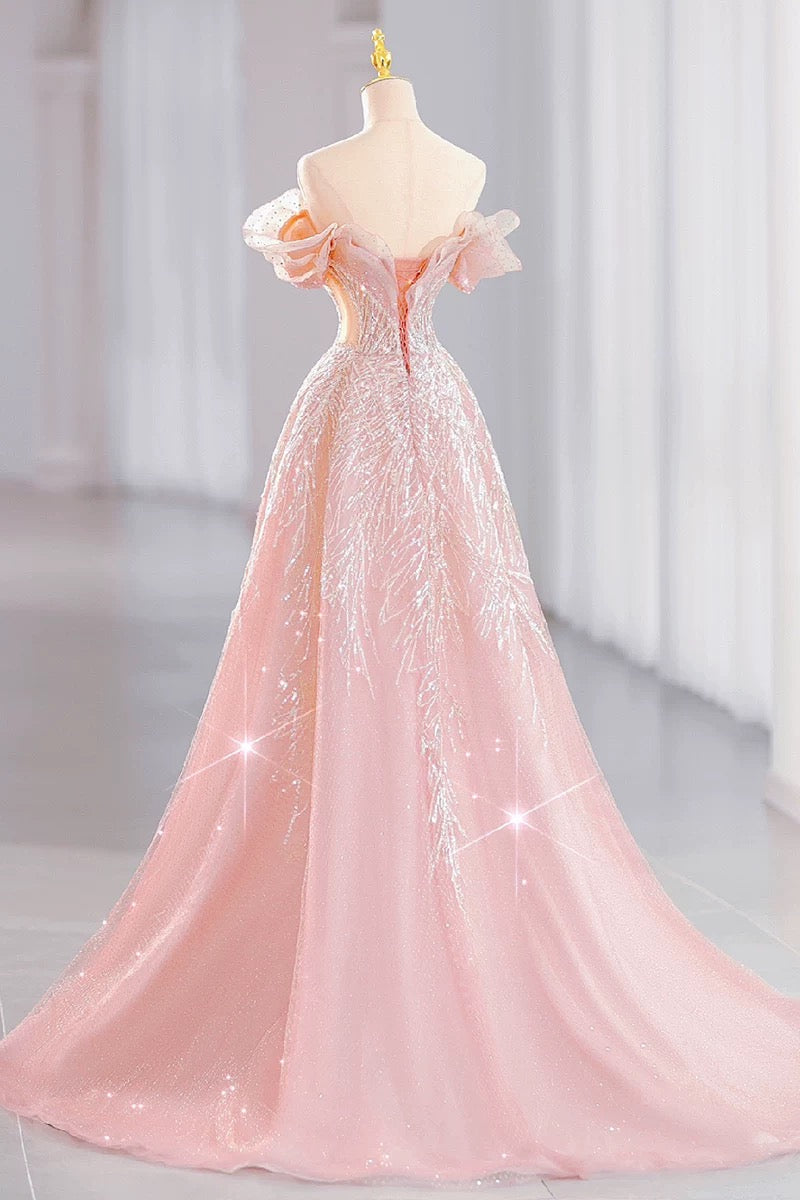 Elegant A line Off The Shoulder Sequin Pink Evening Dress Long Prom Dresses