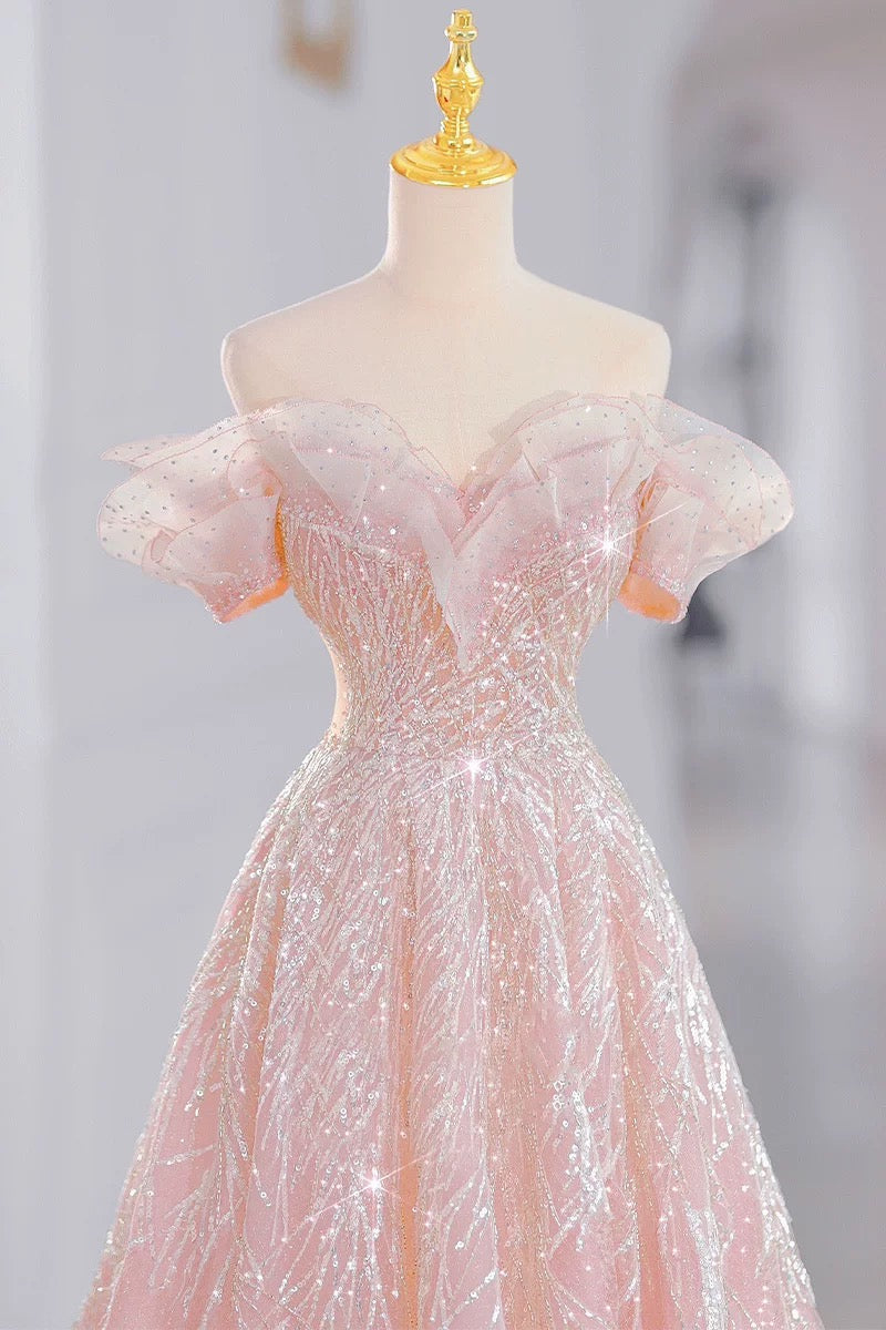 Elegant A line Off The Shoulder Sequin Pink Evening Dress Long Prom Dresses