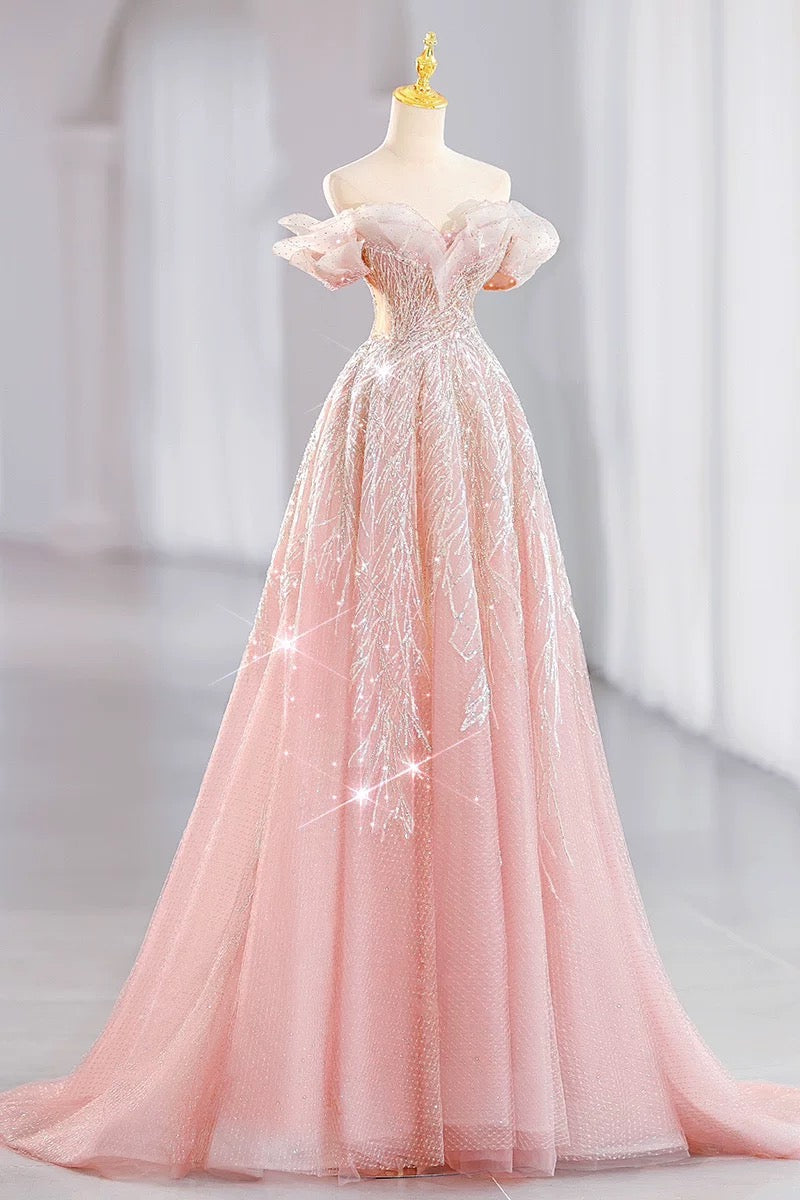 Elegant A line Off The Shoulder Sequin Pink Evening Dress Long Prom Dresses