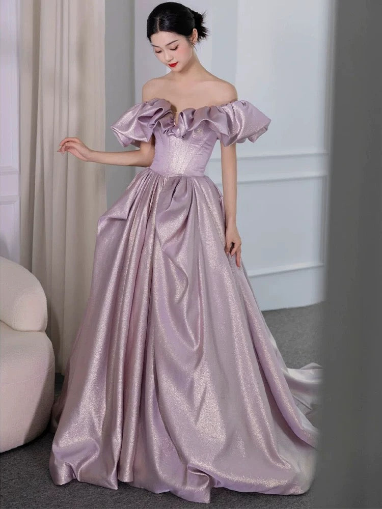 Elegant Ball Gown Off The Shoulder Lilac Short Sleeves Evening Dress Long Prom Dresses