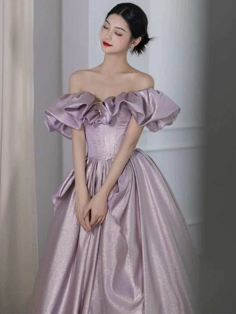 Elegant Ball Gown Off The Shoulder Lilac Short Sleeves Evening Dress Long Prom Dresses
