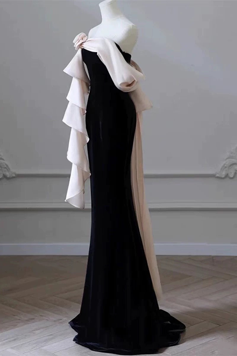 Elegant Mermaid Strapless Black Velvet Flowers Ruffles Prom Dresses Party Dresses