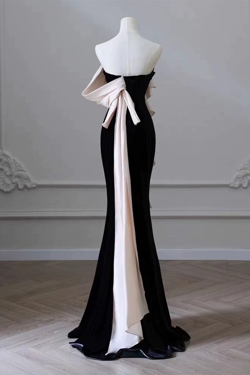 Elegant Mermaid Strapless Black Velvet Flowers Ruffles Prom Dresses Party Dresses