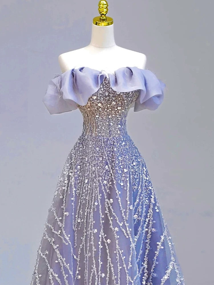Elegant Ball Gown Off The Shoulder Lilac Short Sleeves Sequin Evening Dress Long Prom Dresses