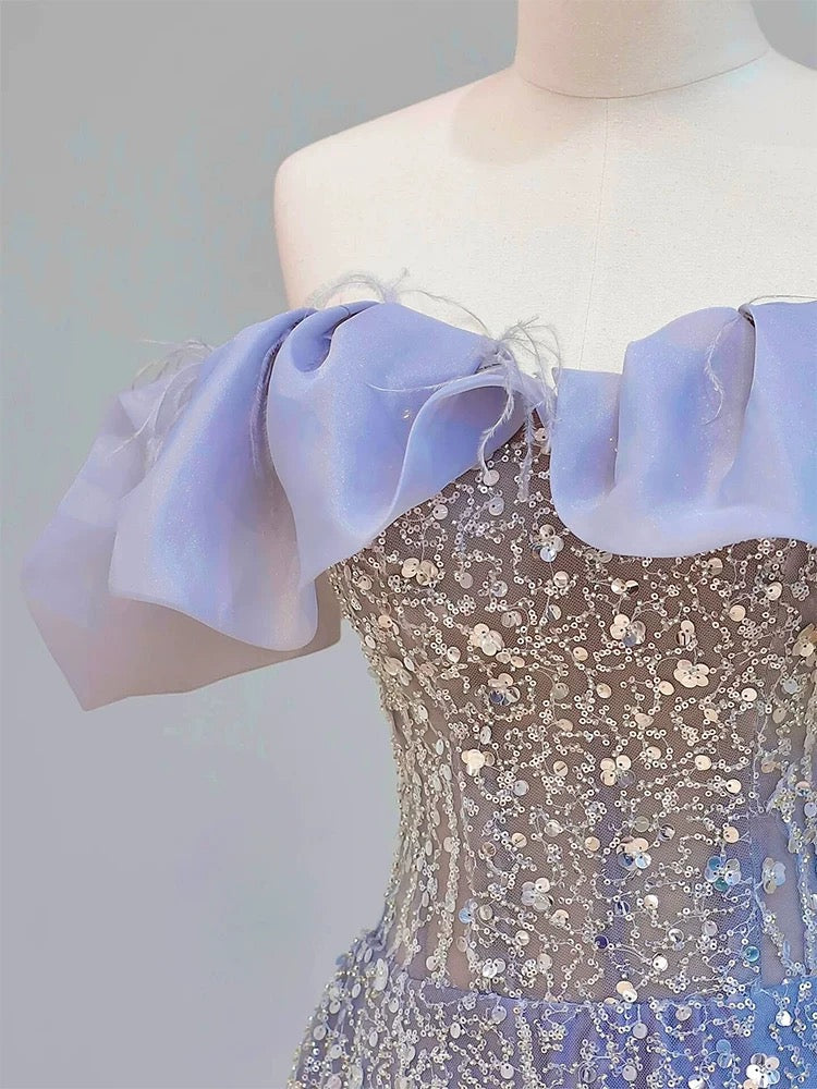 Elegant Ball Gown Off The Shoulder Lilac Short Sleeves Sequin Evening Dress Long Prom Dresses