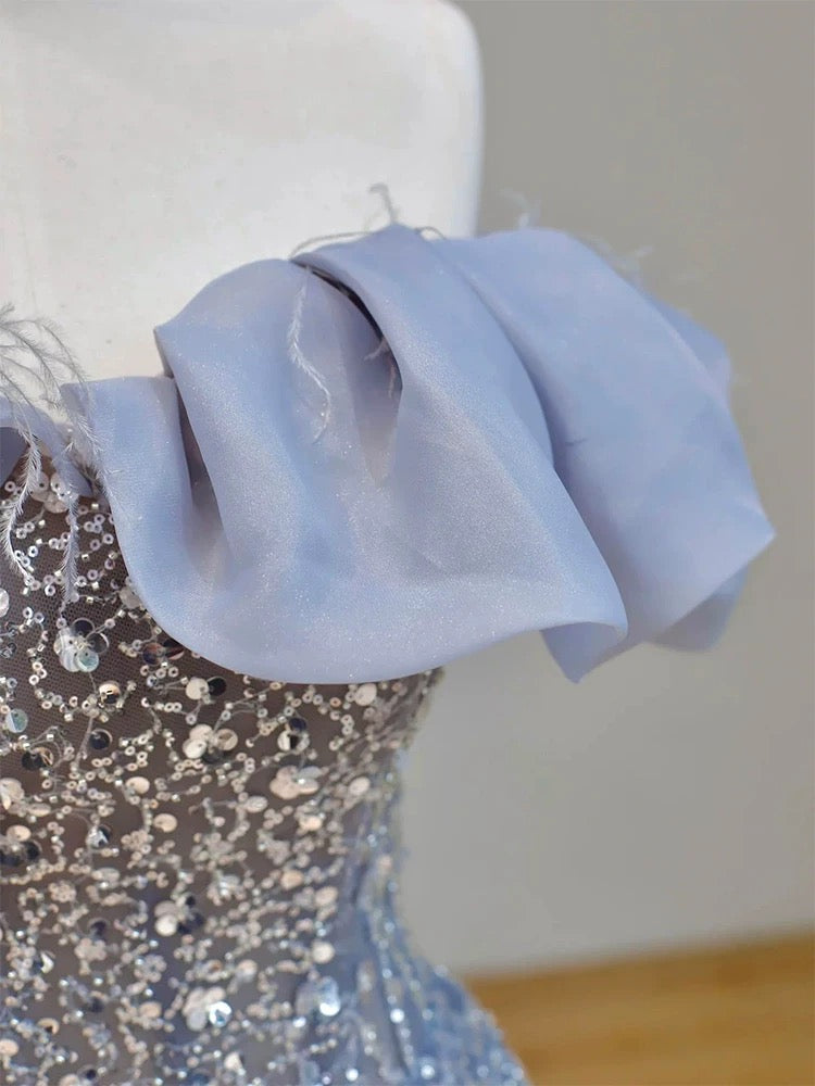 Elegant Ball Gown Off The Shoulder Lilac Short Sleeves Sequin Evening Dress Long Prom Dresses