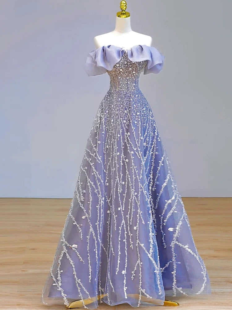 Elegant Ball Gown Off The Shoulder Lilac Short Sleeves Sequin Evening Dress Long Prom Dresses